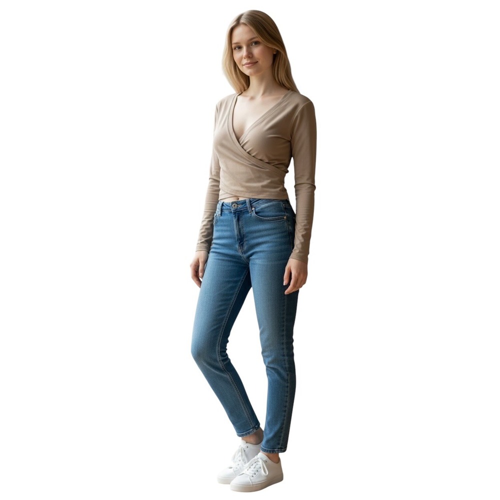 Athleta Transcend V-Neck Crop Long Sleeve Top Taupe Brown Size M Wrap Front Yoga